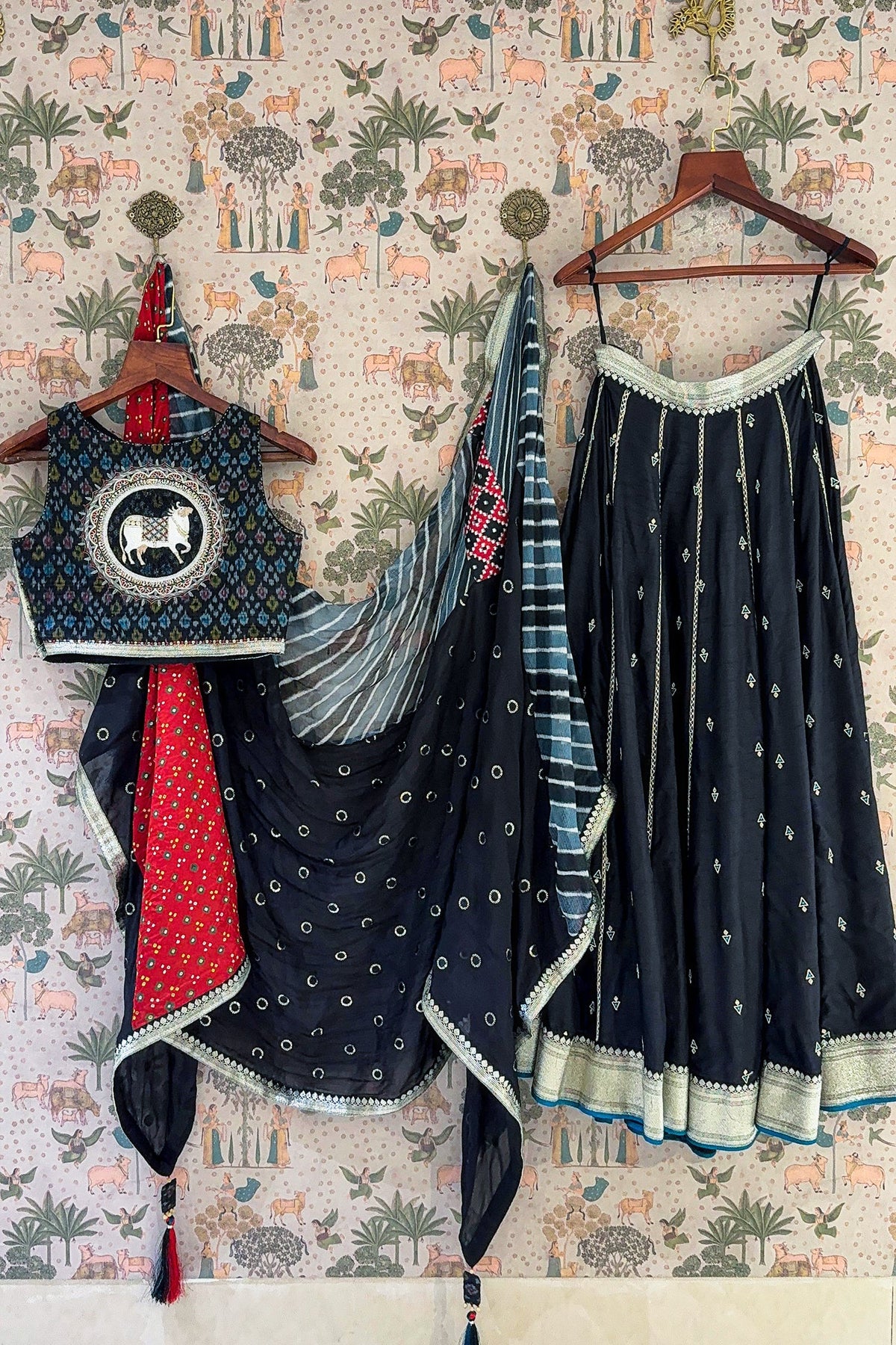 Black Cotton Silk Embroidered Lehenga