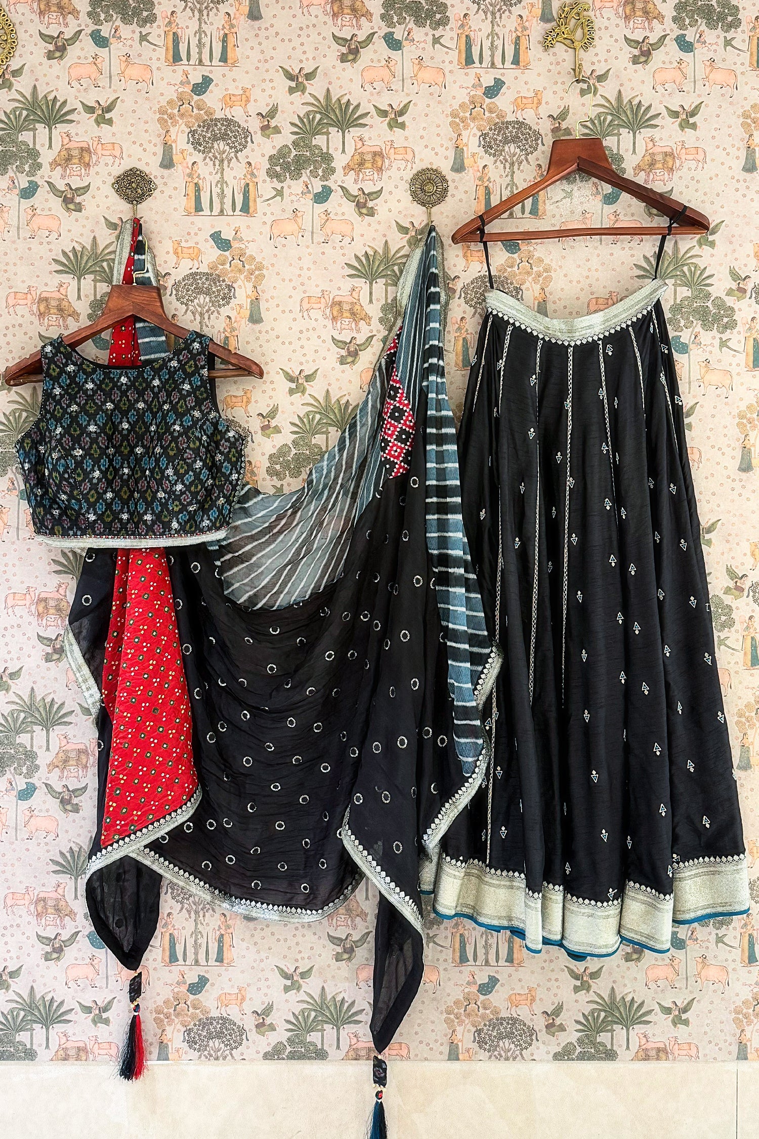 Black Cotton Silk Embroidered Lehenga