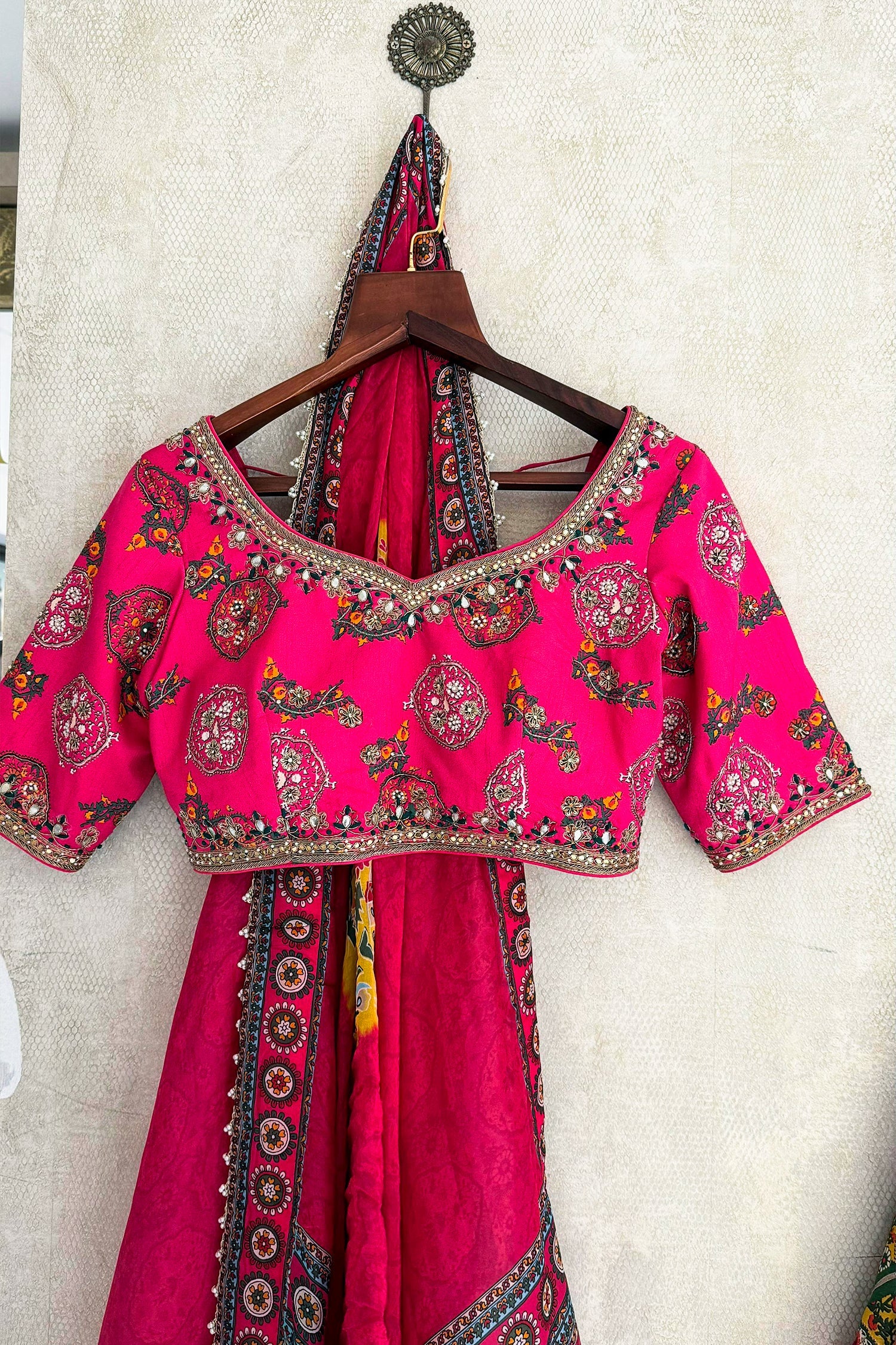 Multi Colored Raw Silk Printed Lehenga