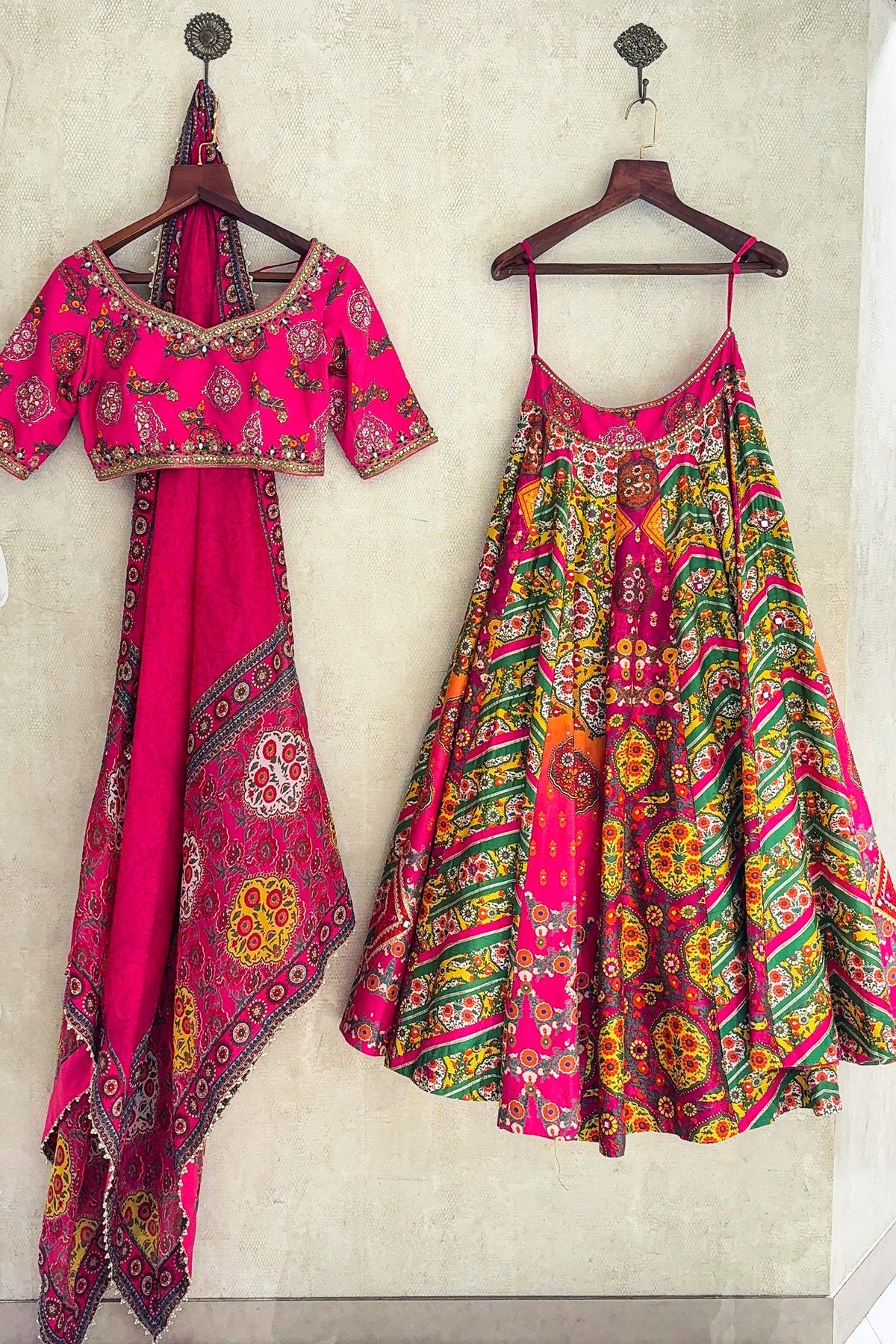 Multi Colored Raw Silk Printed Lehenga