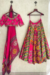 Multi Colored Raw Silk Printed Lehenga