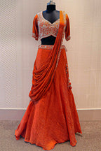 Orange Silk Zardosi Work Lehenga with Attached Dupatta