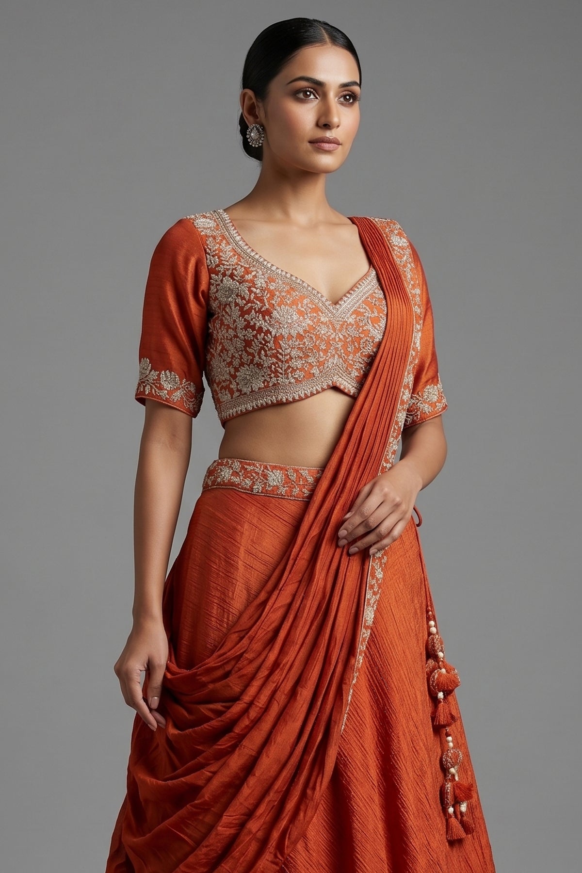 Orange Silk Zardosi Work Lehenga with Attached Dupatta