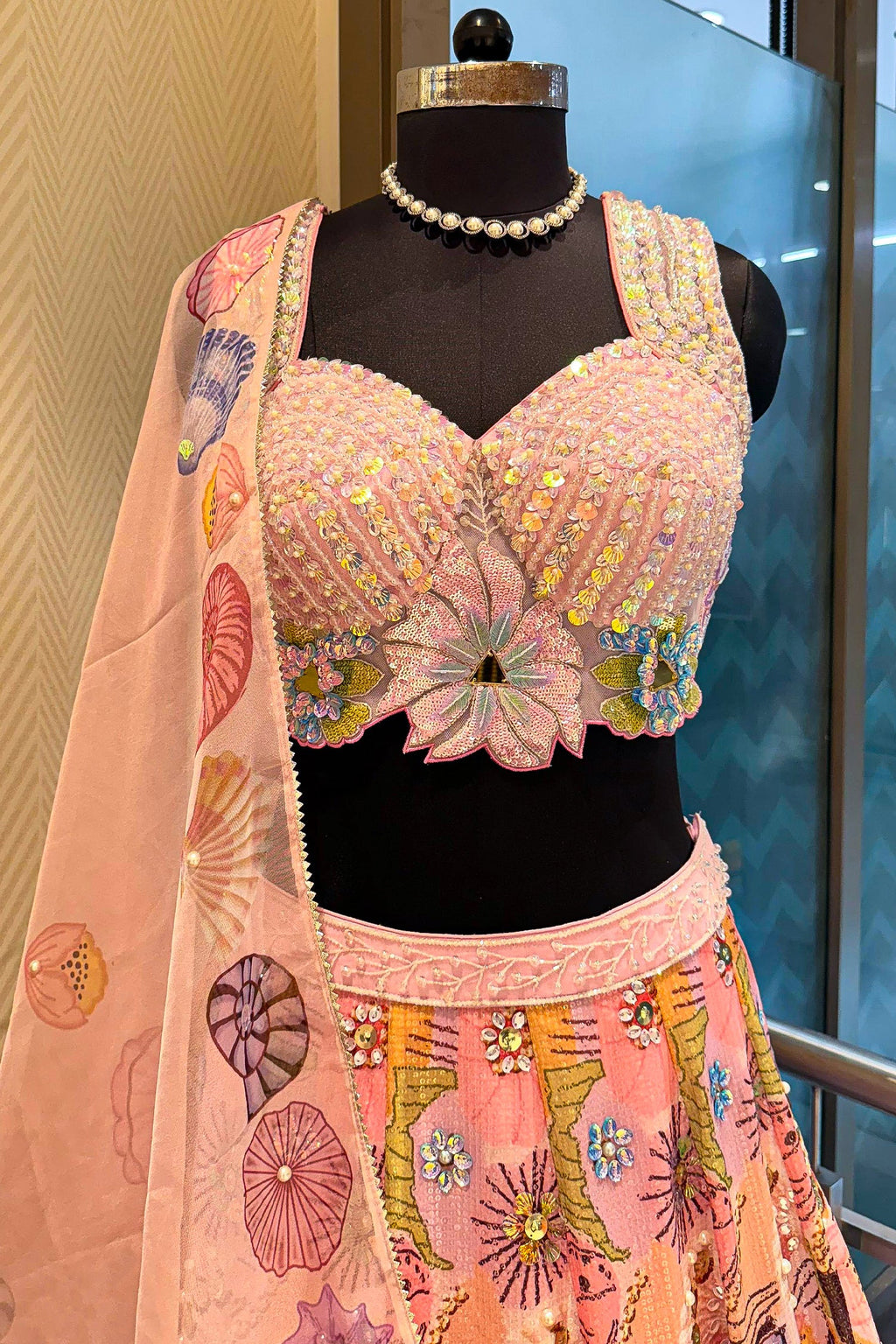 Pink and Multi Colored Chinon Sequin and Floral Printed Lehenga