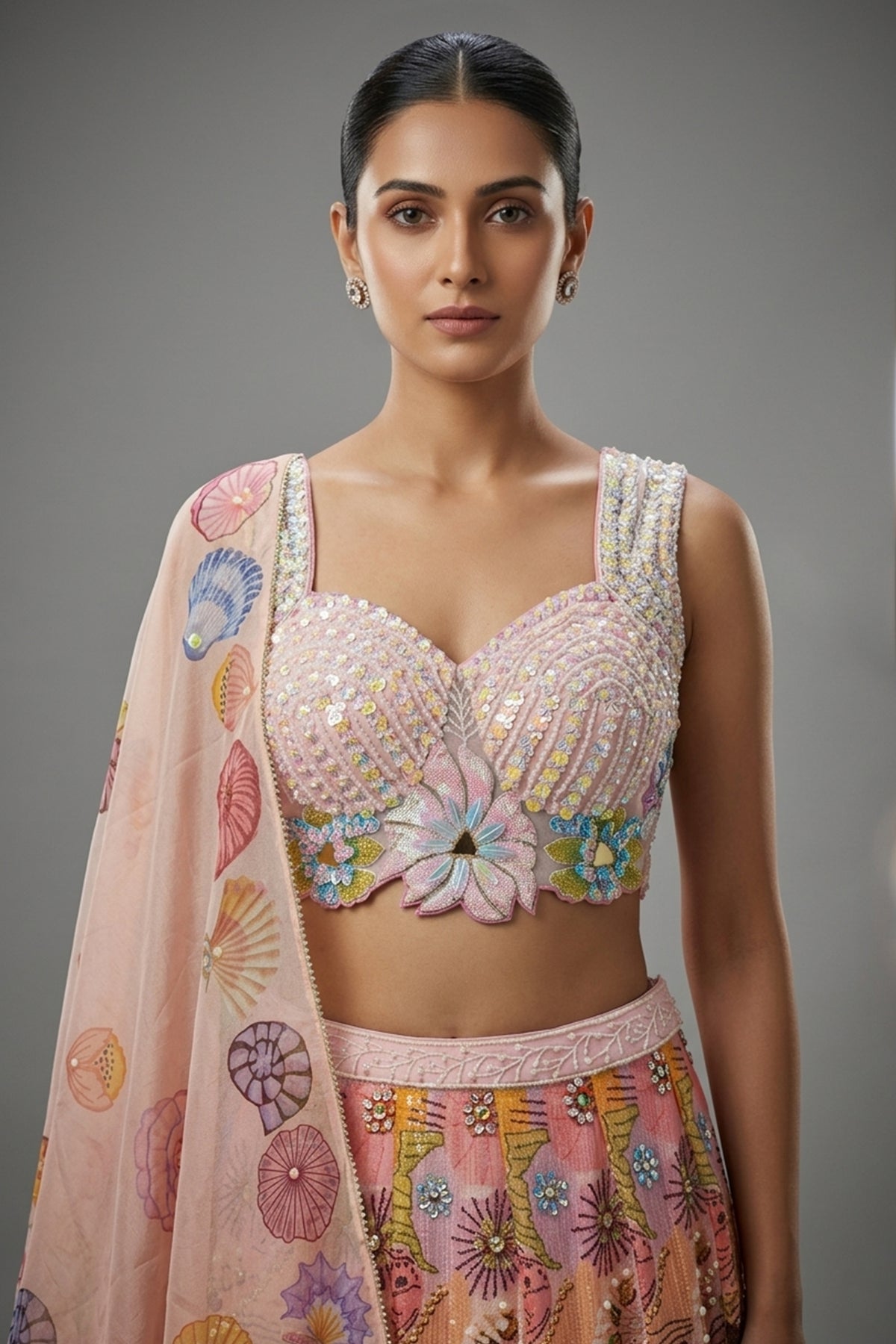Pink and Multi Colored Chinon Sequin and Floral Printed Lehenga