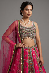 Rani Pink Raw Silk Kalamkari Printed Lehenga with Beads and Applique Work