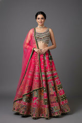 Rani Pink Raw Silk Kalamkari Printed Lehenga with Beads and Applique Work