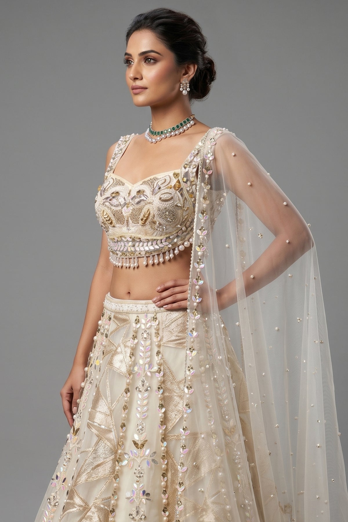 Off White Organza Designer Lehenga with Beads and Applique Work