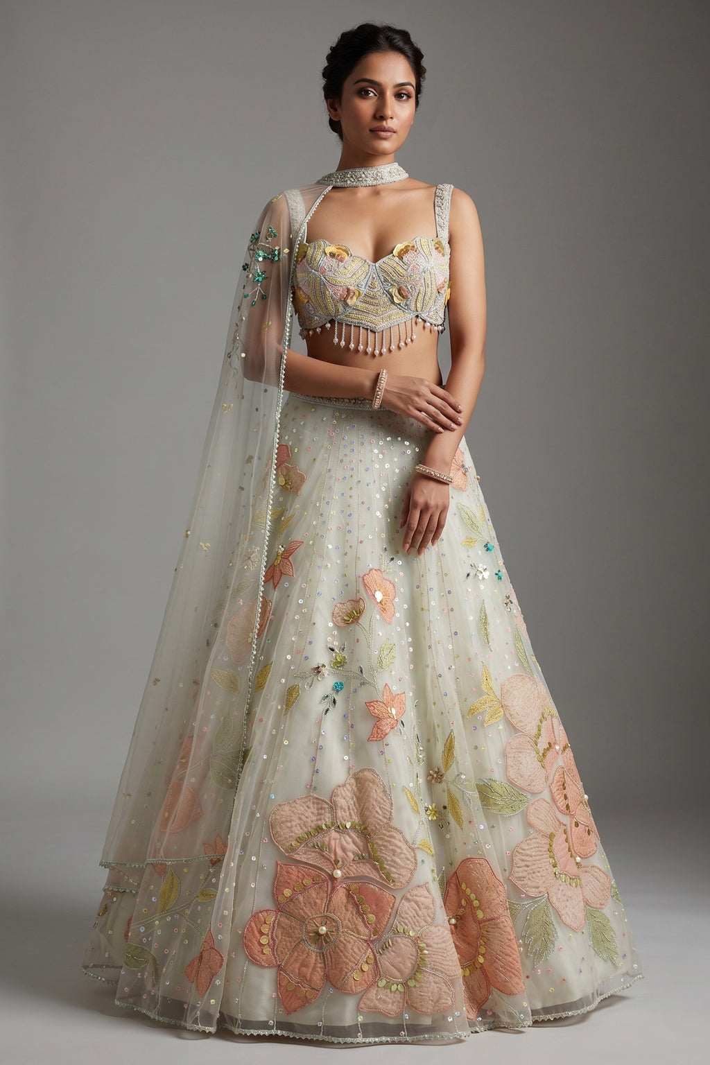 Mint Green Net Designer Floral Patch Worked Lehenga with Cape Dupatta