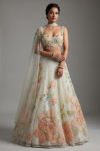 Mint Green Net Designer Floral Patch Worked Lehenga with Cape Dupatta
