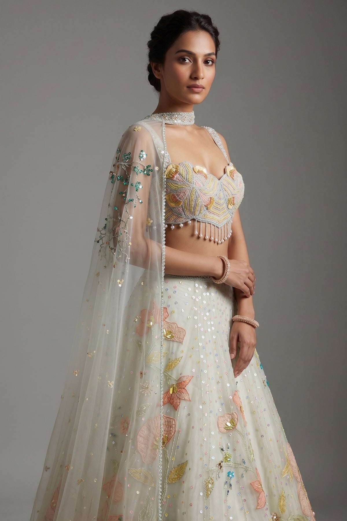 Mint Green Net Designer Floral Patch Worked Lehenga with Cape Dupatta