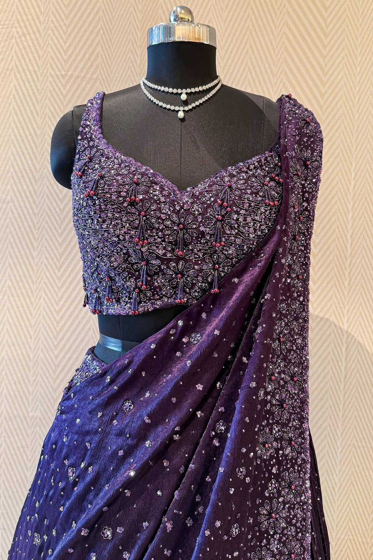 Purple Chinon Silk Sequin and Bead Work Lehenga with Attached Dupatta