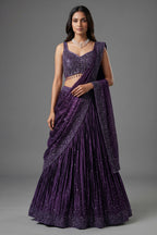 Purple Chinon Silk Sequin and Bead Work Lehenga with Attached Dupatta