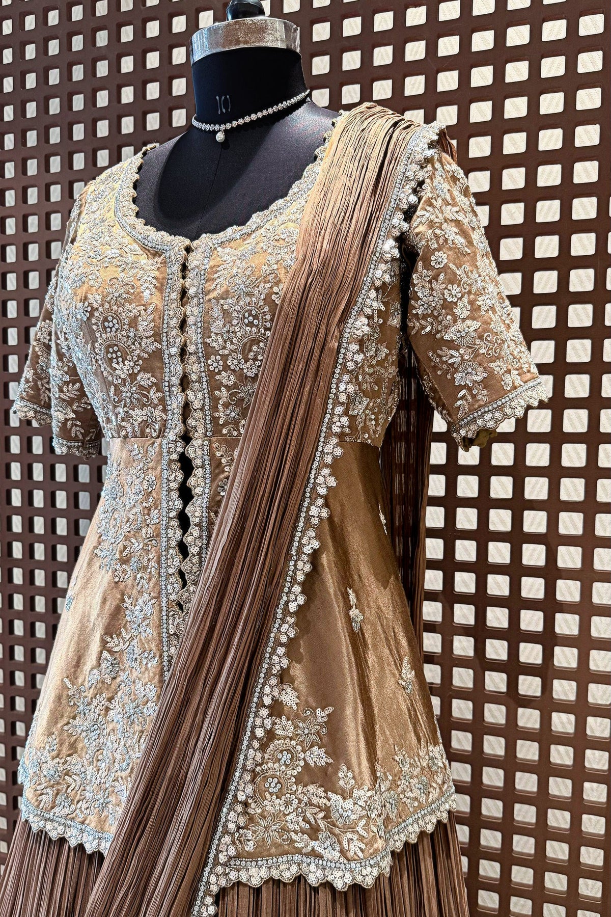 Chocolate Brown Crush Silk Lehenga with Sequin Cutdana Slit Top and Attached Dupatta