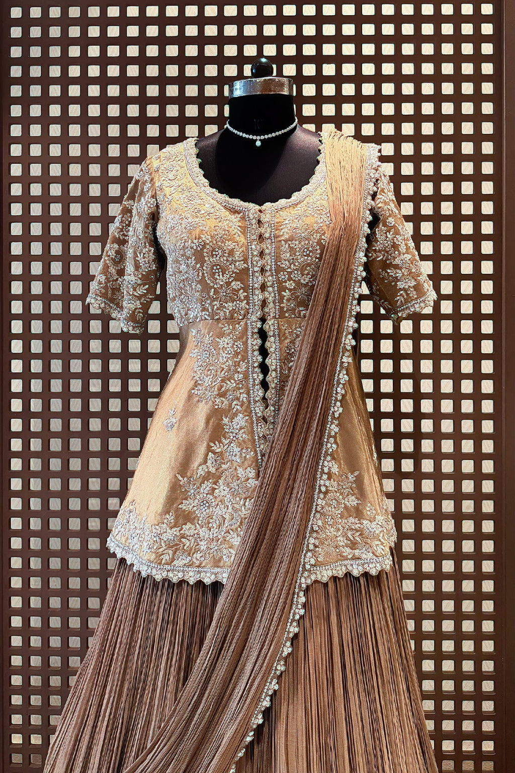 Chocolate Brown Crush Silk Lehenga with Sequin Cutdana Slit Top and Attached Dupatta