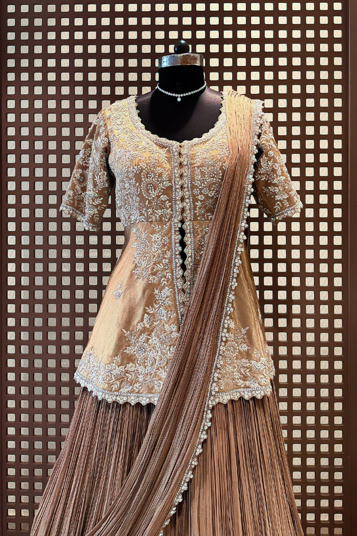 Chocolate Brown Crush Silk Lehenga with Sequin Cutdana Slit Top and Attached Dupatta