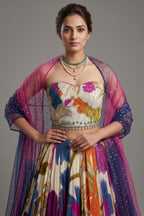 Off White Crepe Silk Floral Printed Flared Lehenga with Beaded Off Shoulder Corset