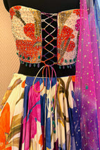 Off White Crepe Silk Floral Printed Flared Lehenga with Beaded Off Shoulder Corset