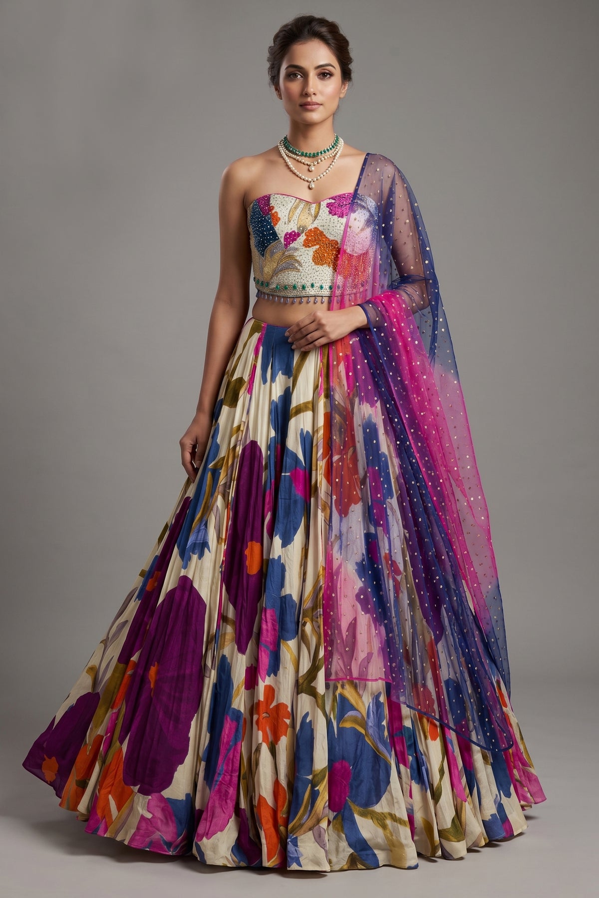 Off White Crepe Silk Floral Printed Flared Lehenga with Beaded Off Shoulder Corset