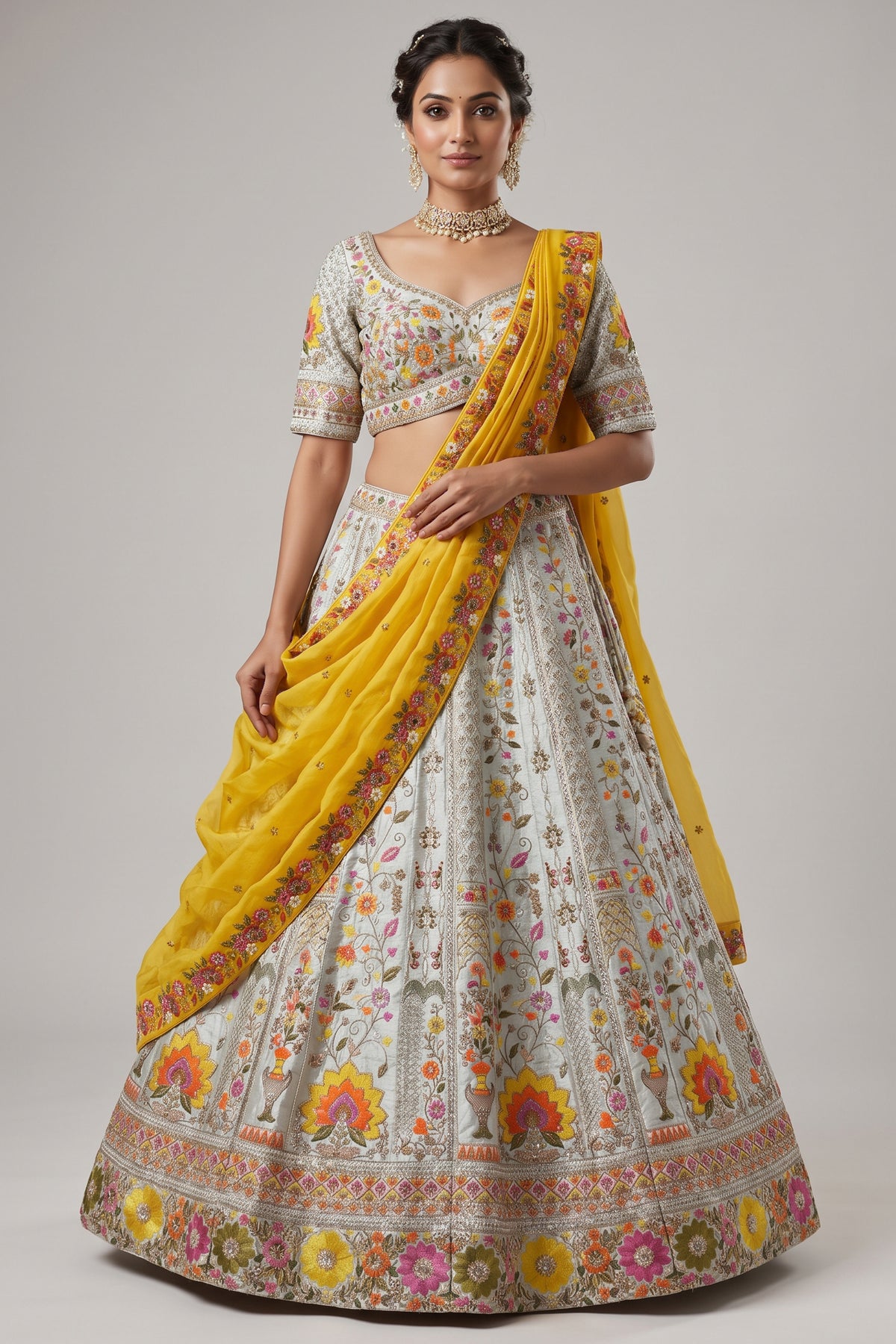 Light Green Raw Silk Embroidered Lehenga
