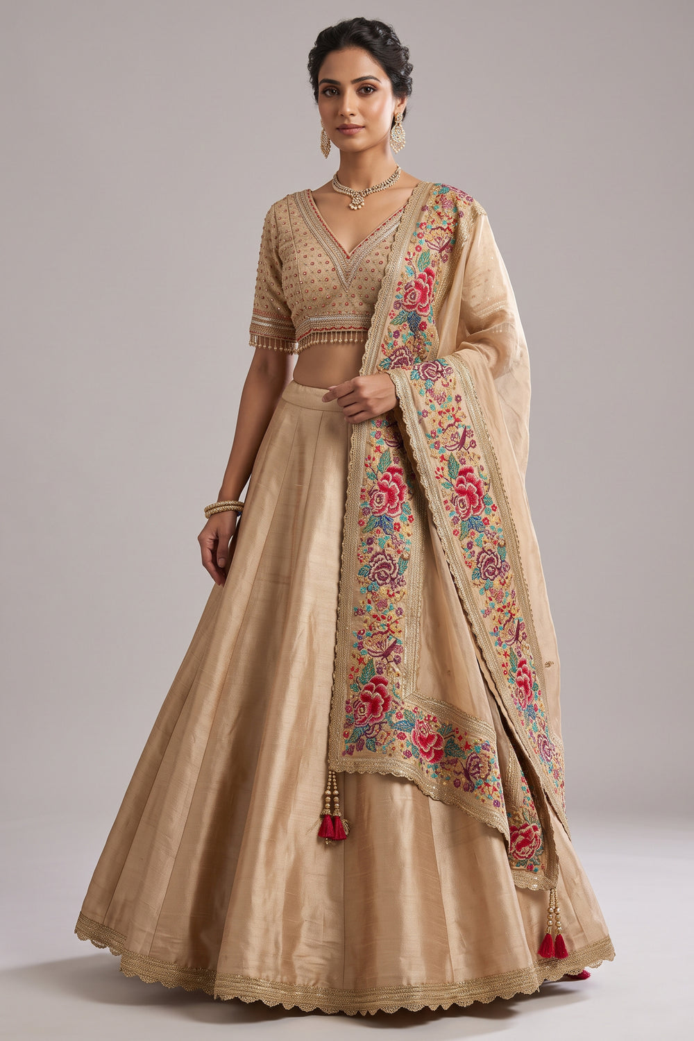Golden Tissue Silk Lehenga with Petit Point Parsi Embroidered Border Dupatta