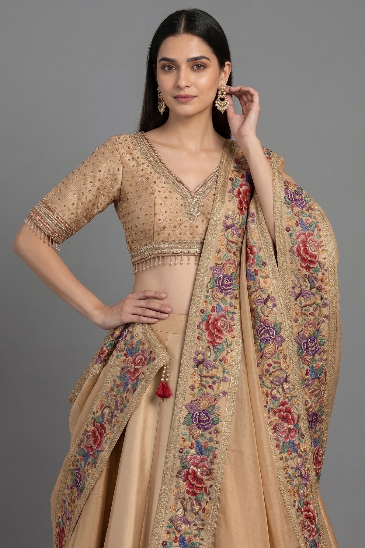 Golden Tissue Silk Lehenga with Petit Point Parsi Embroidered Border Dupatta