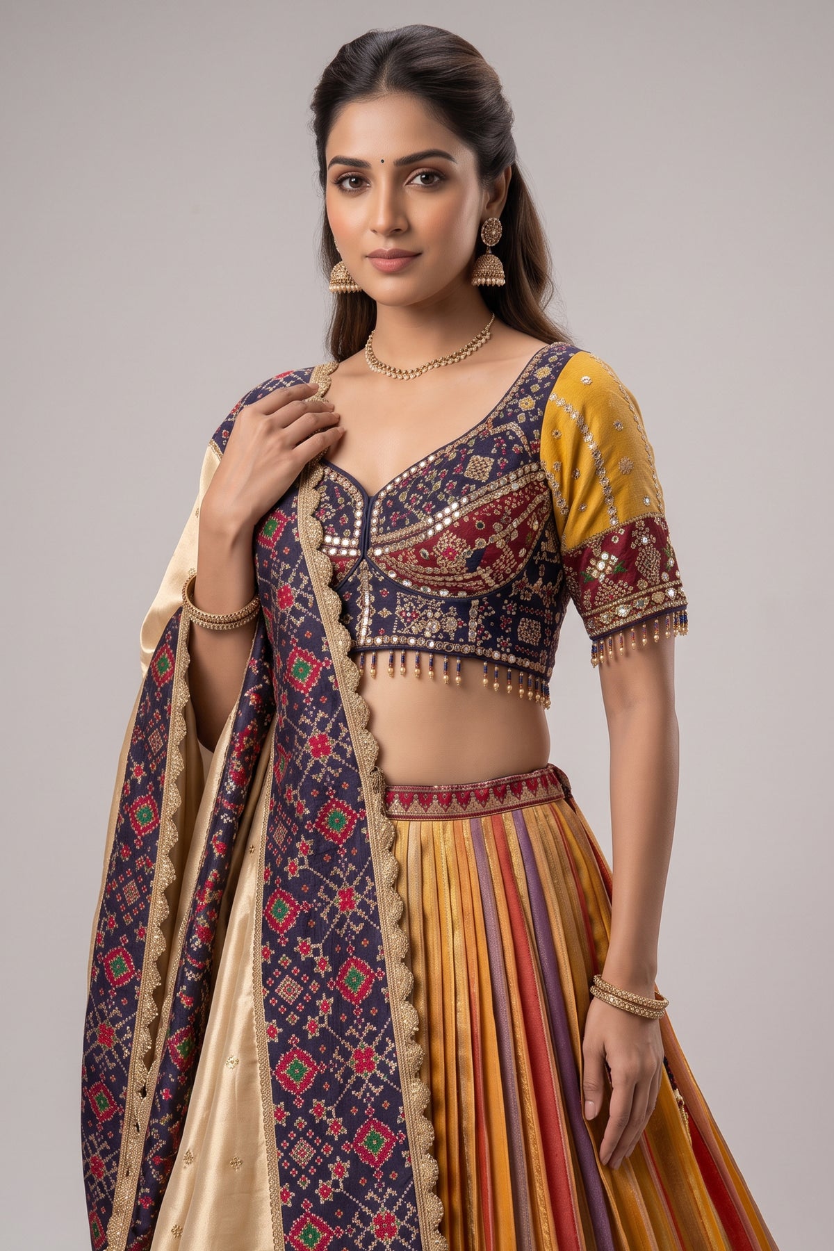 Golden Tissue Silk Pleated Patola Lehenga