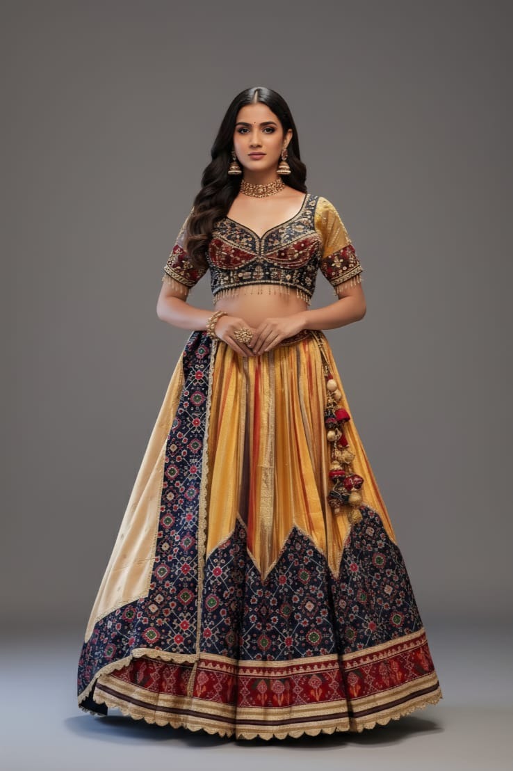 Golden Tissue Silk Pleated Patola Lehenga