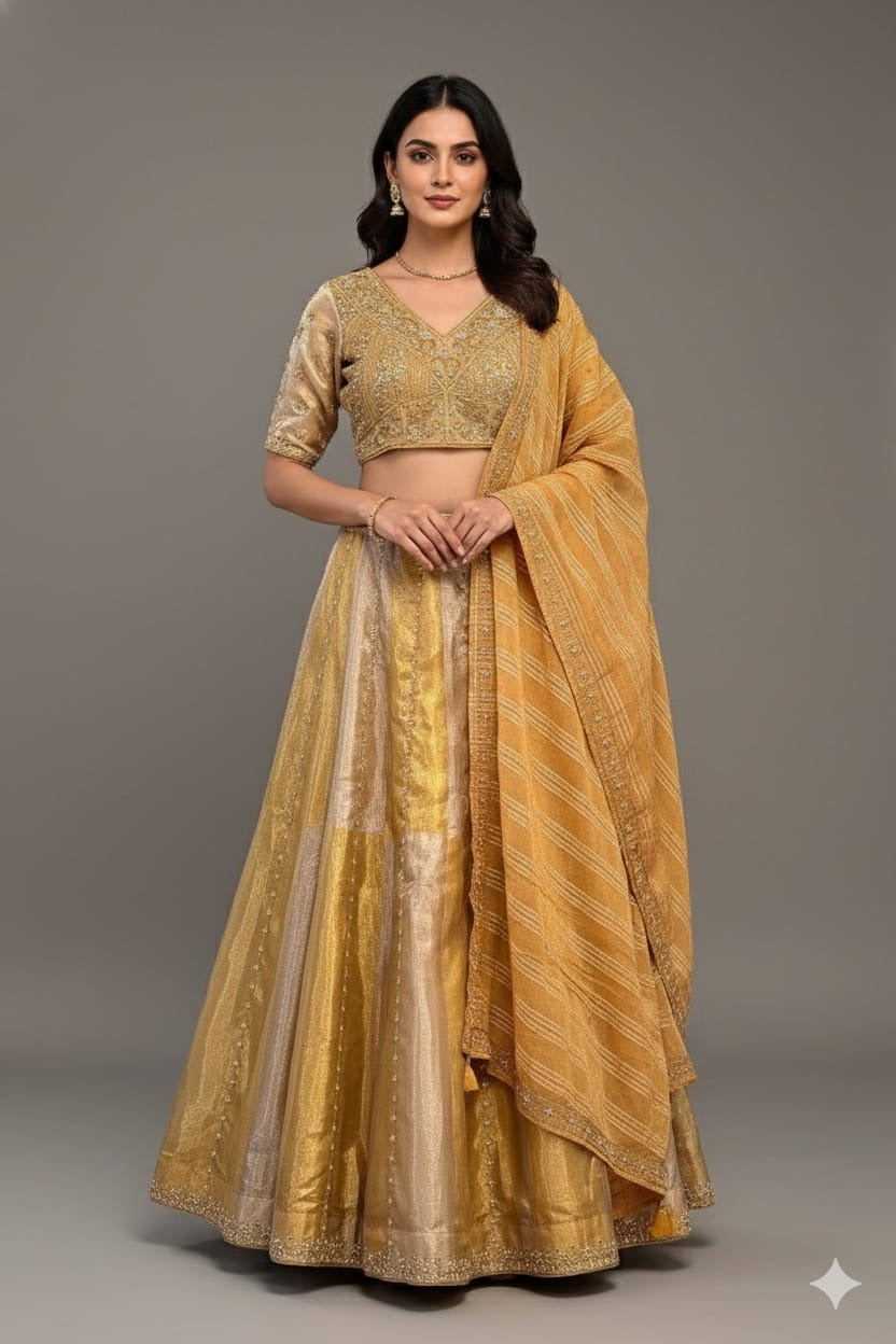 Golden Tissue Silk Beads and Cutdana Worked Lehenga