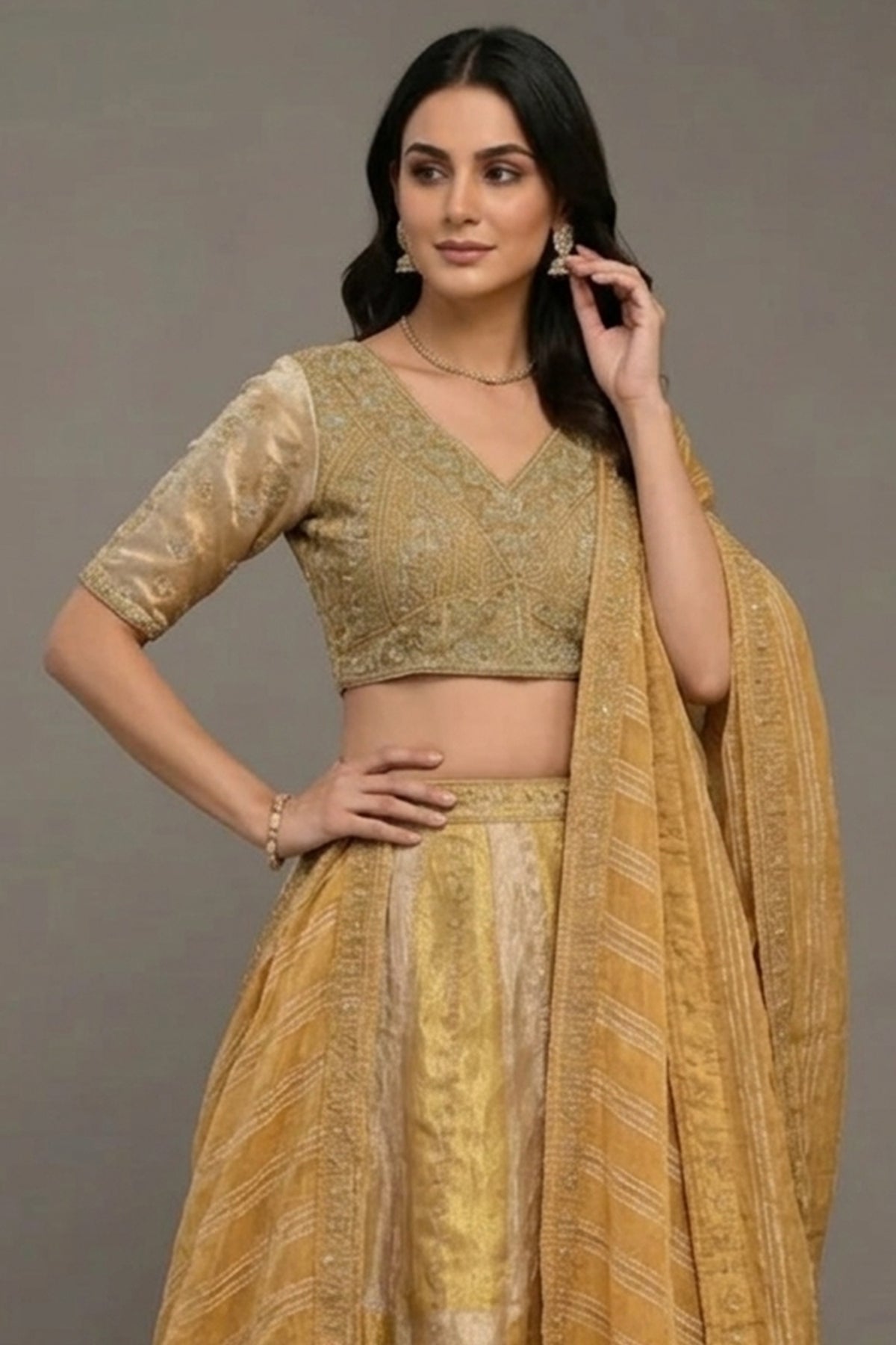 Golden Tissue Silk Beads and Cutdana Worked Lehenga