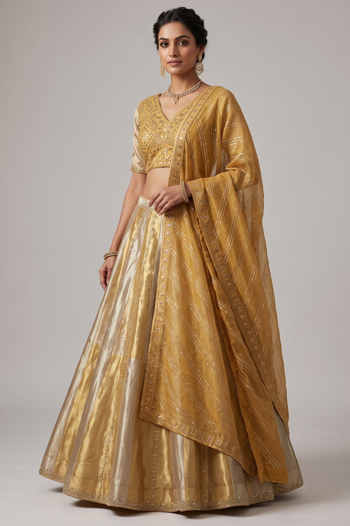 Golden Tissue Silk Beads and Cutdana Worked Lehenga
