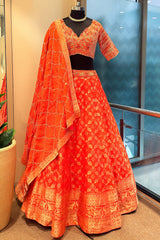 Orange Banarasi Silk Weaving Lehenga