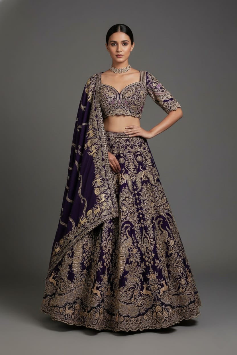 Blue Banarasi Silk All Over Woven Lehenga with Peacock and Animal Motif