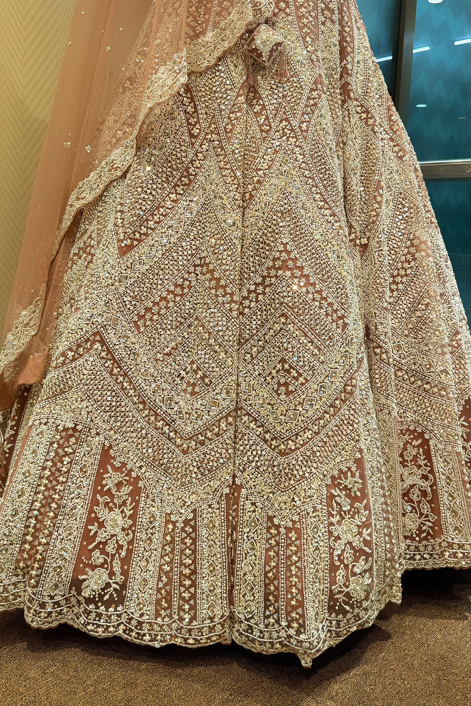 Dusty Rose Pink Net Designer Handoworked Lehenga