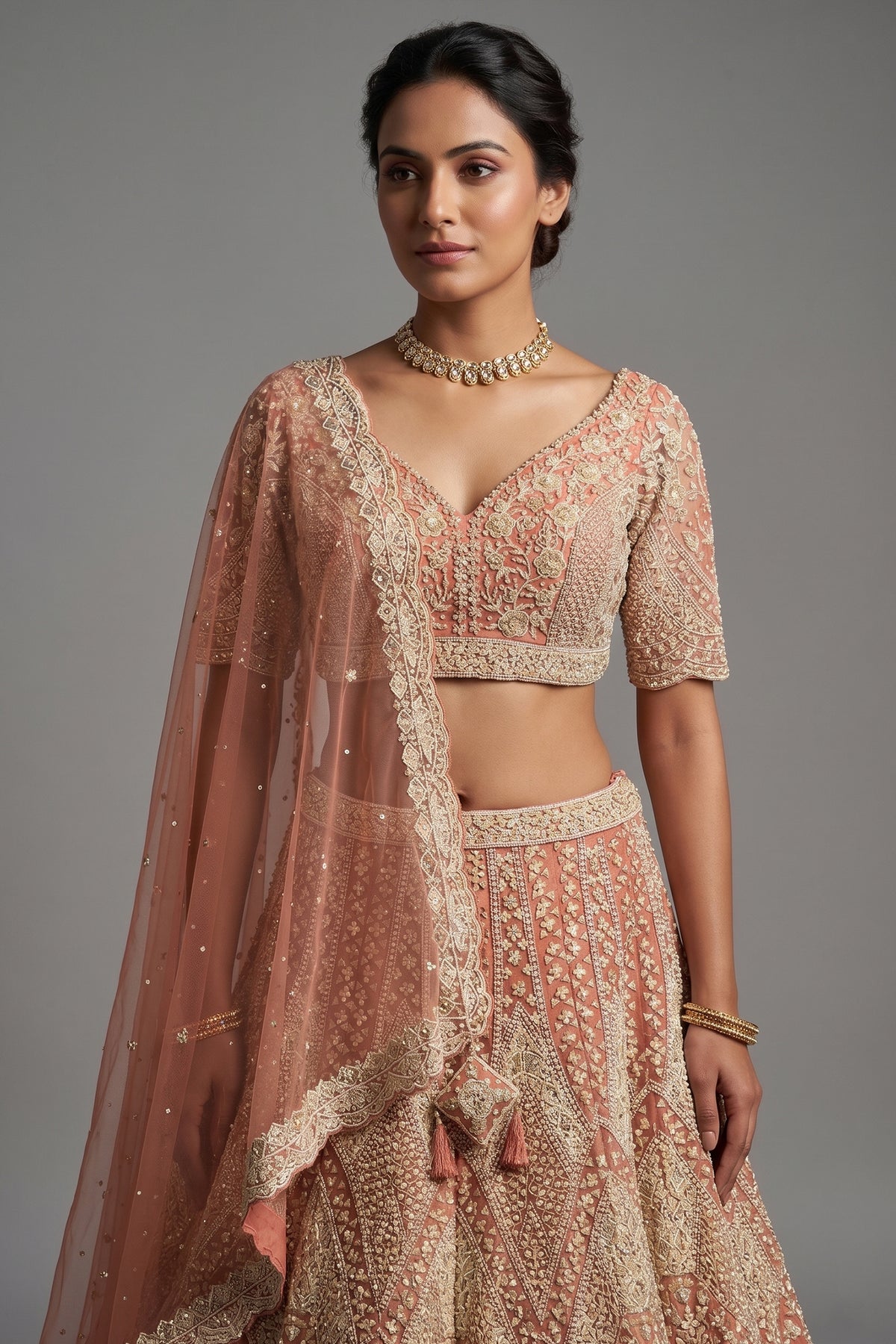 Dusty Rose Pink Net Designer Handoworked Lehenga