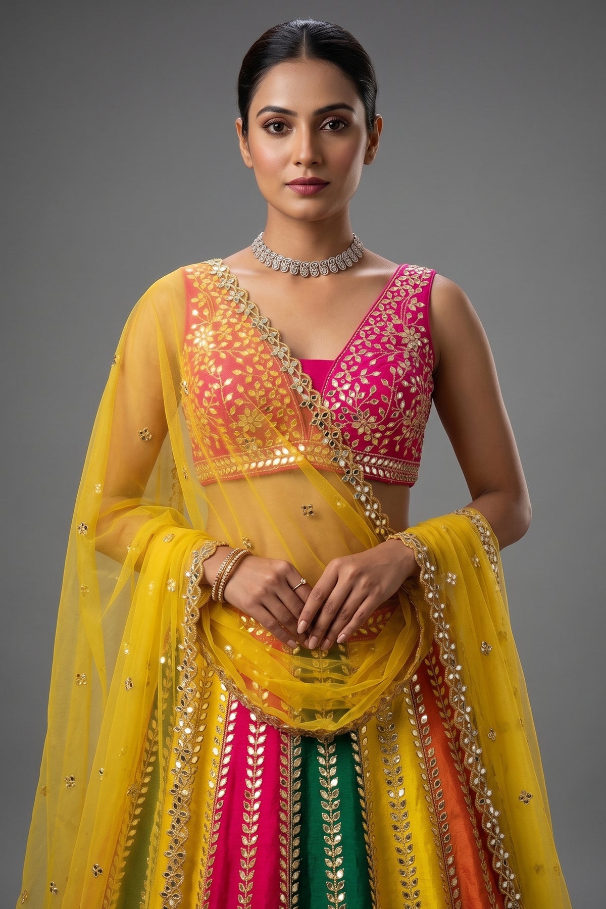 Multi Colored Silk Mirror Worked Designer Lehenga