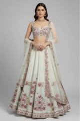 Off White Raw Silk Floral Embroidered Lehenga