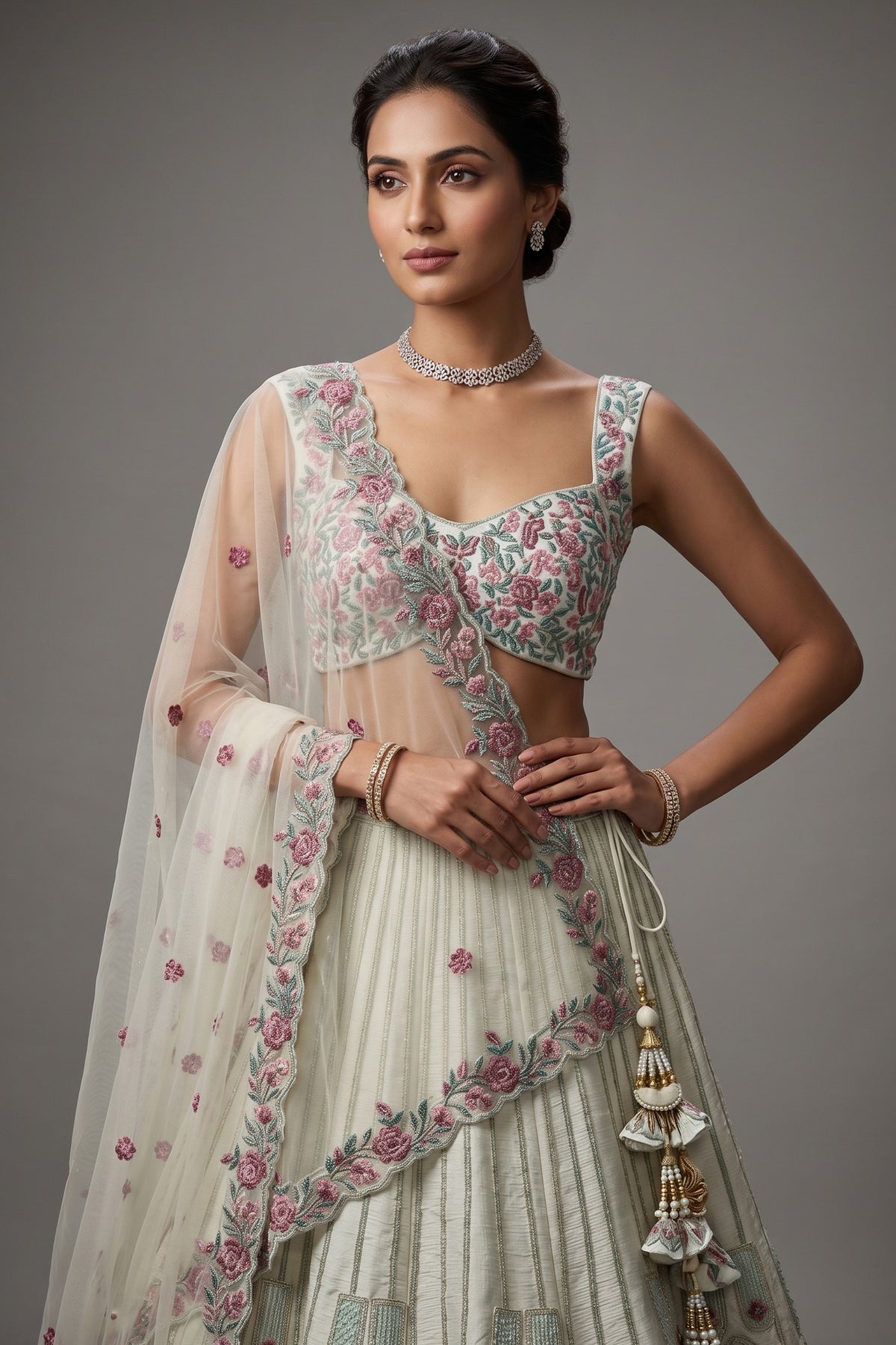Off White Raw Silk Floral Embroidered Lehenga