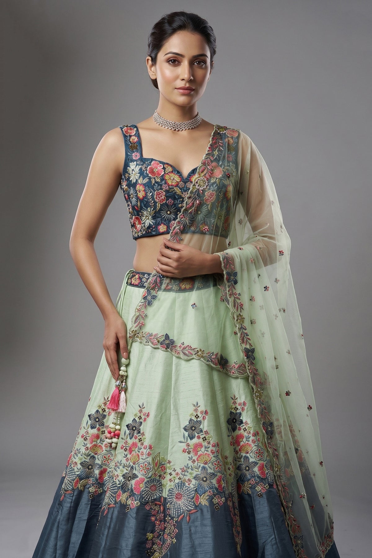 Mint Green and Blue Raw Silk Floral Embroidered Lehenga