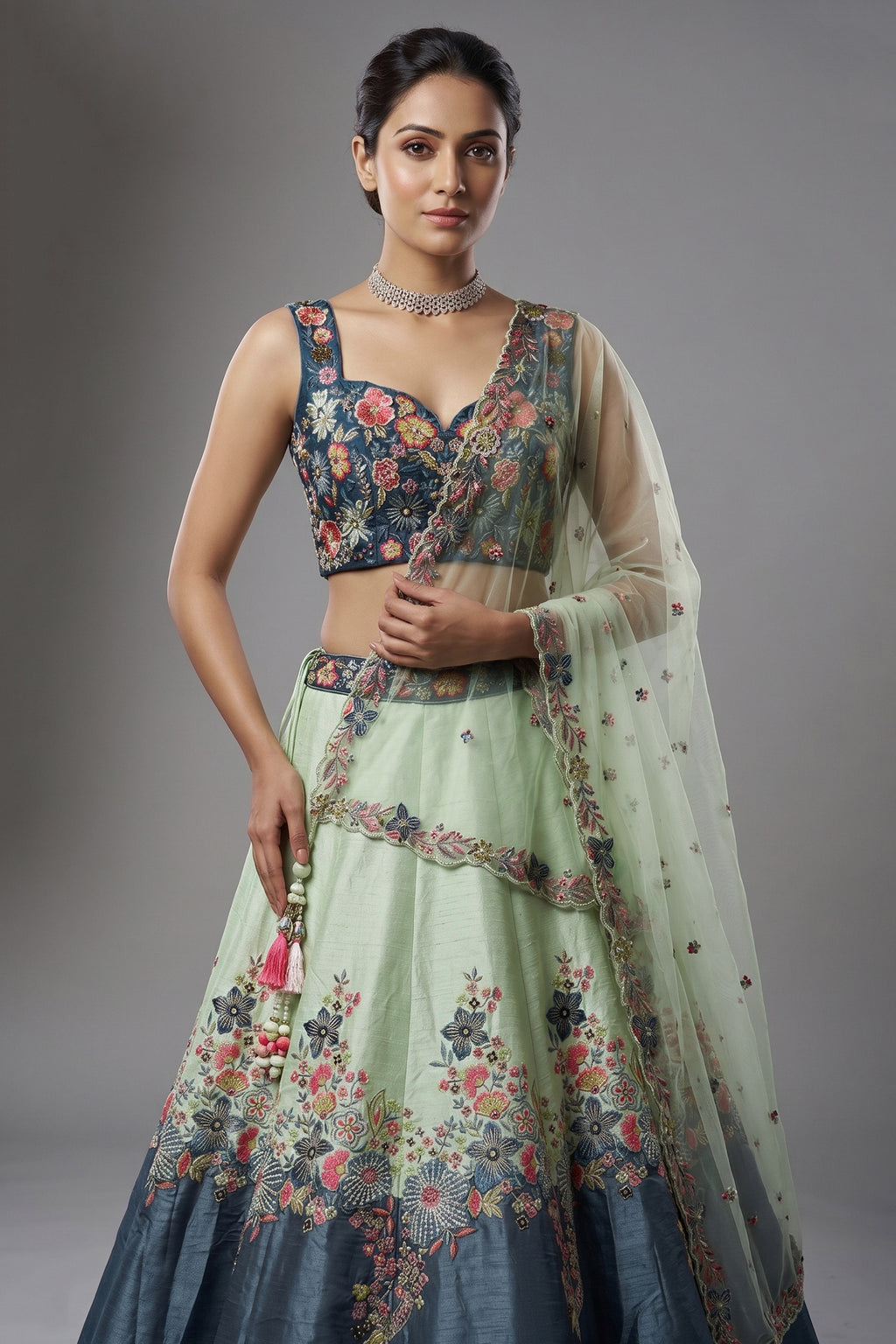 Mint Green and Blue Raw Silk Floral Embroidered Lehenga