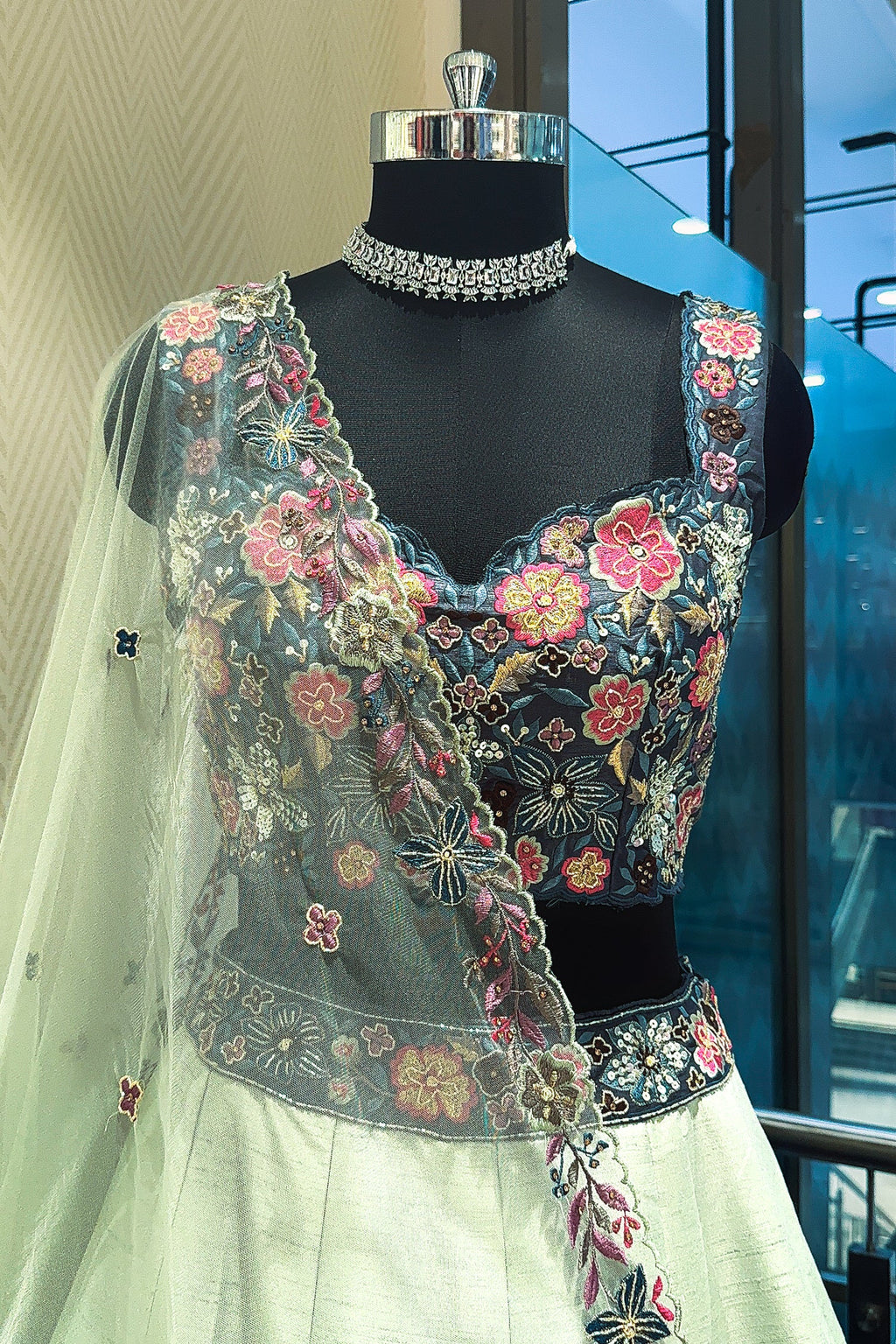 Mint Green and Blue Raw Silk Floral Embroidered Lehenga