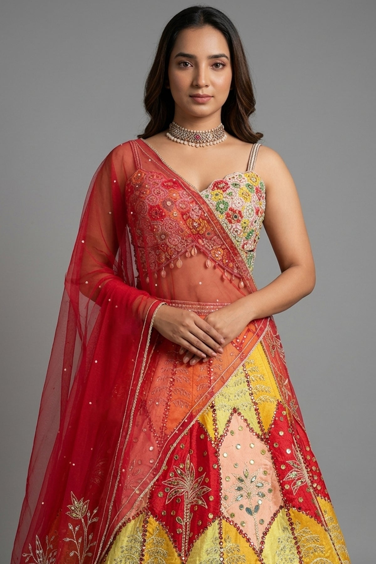 Multi Colored Silk Embroidered and Mirror Worked Lehenga