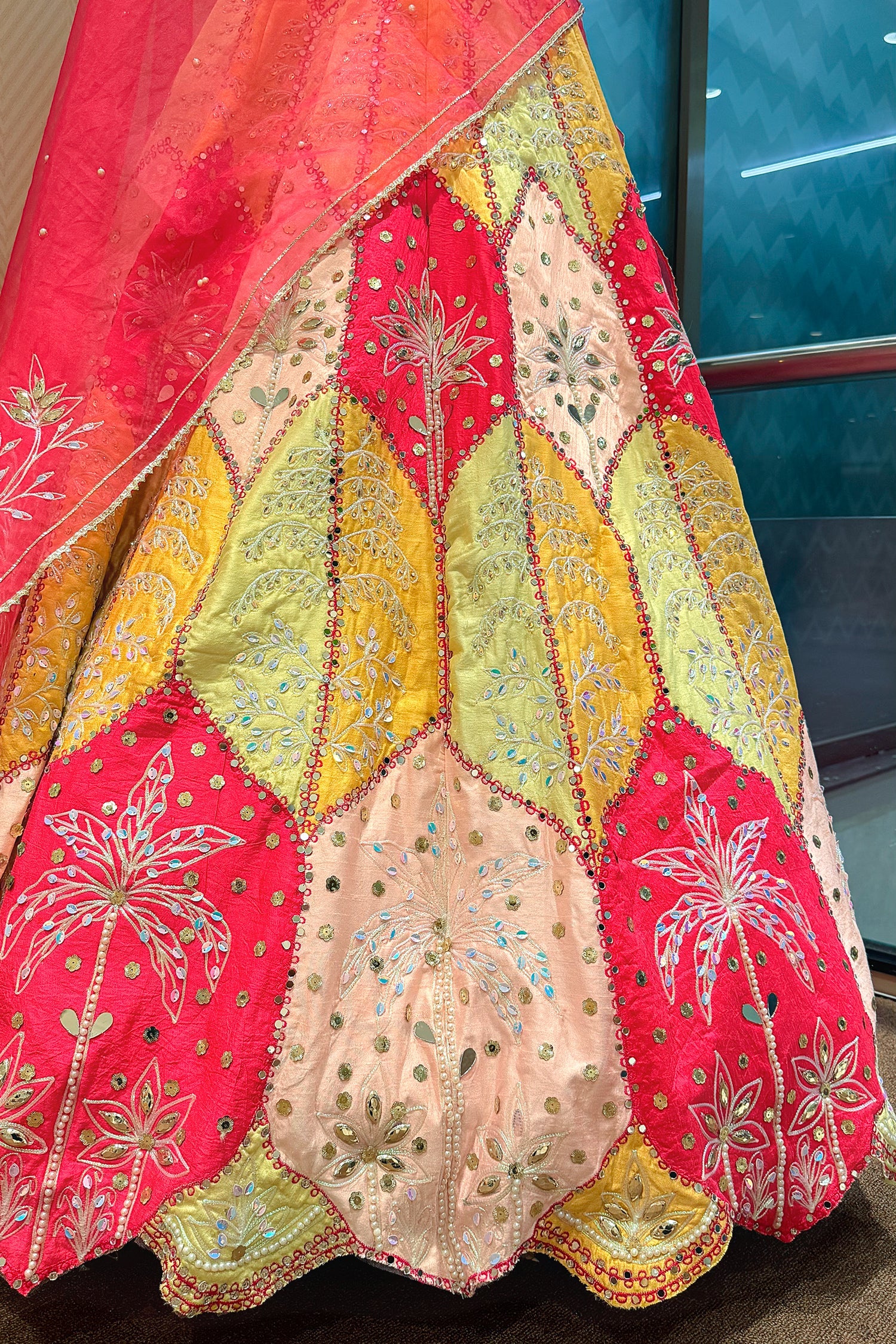 Multi Colored Silk Embroidered and Mirror Worked Lehenga