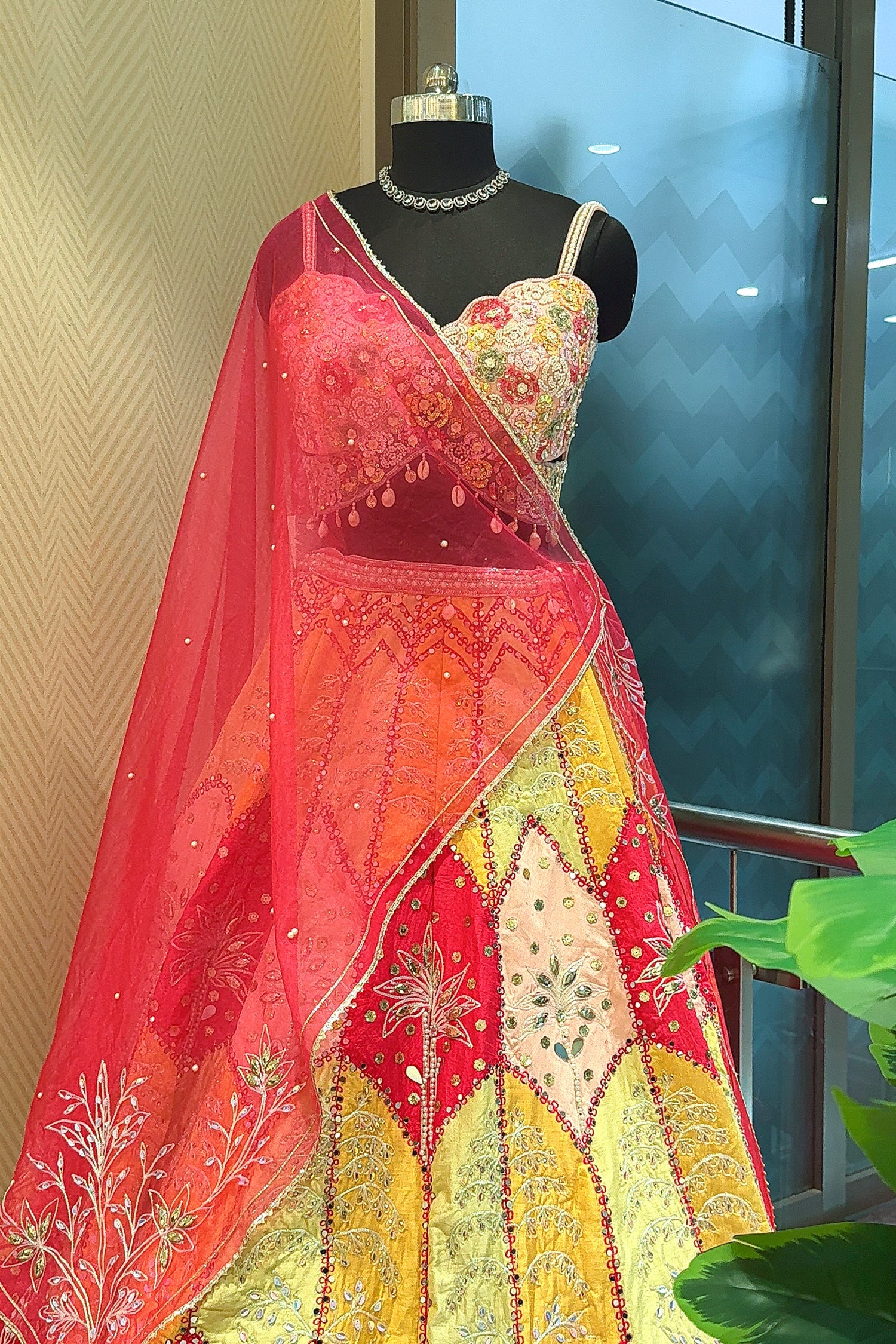 Multi Colored Silk Embroidered and Mirror Worked Lehenga