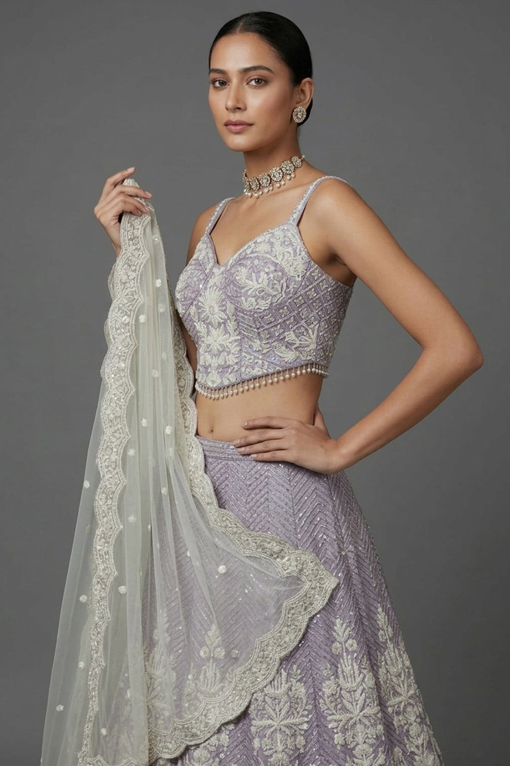 Lavender Purple Net Designer Lehenga with Corset