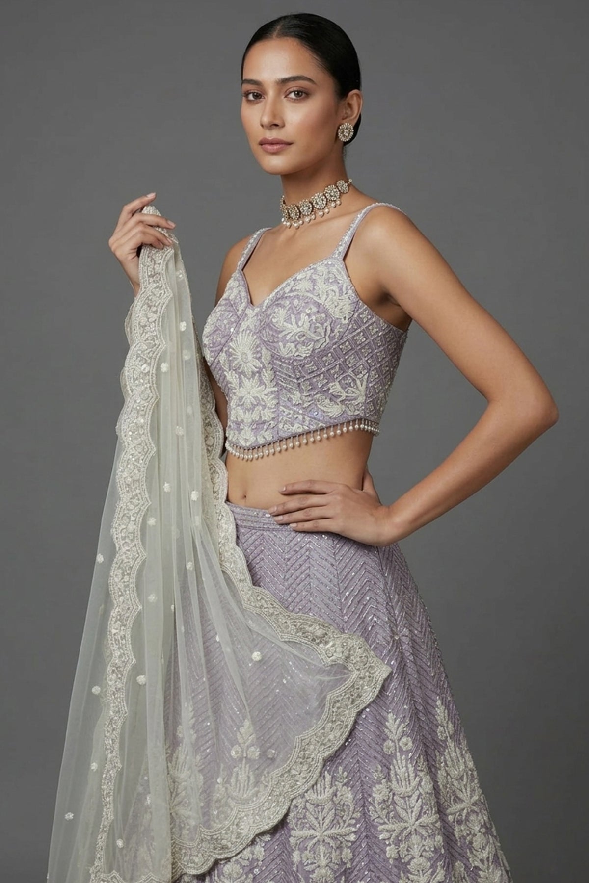 Lavender Purple Net Designer Lehenga with Corset