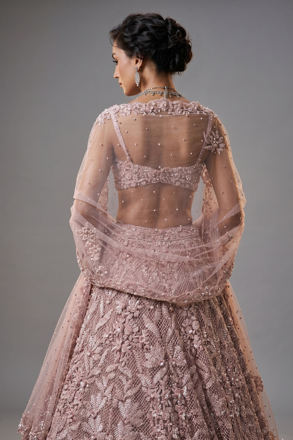Dusty Pink Net Designer Sequin Beaded Lehenga with One Shoulder Blouse and Cape Dupatta
