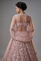 Dusty Pink Net Designer Sequin Beaded Lehenga with One Shoulder Blouse and Cape Dupatta