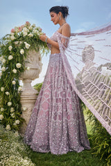 Dusty Pink Net Designer Sequin Beaded Lehenga with One Shoulder Blouse and Cape Dupatta