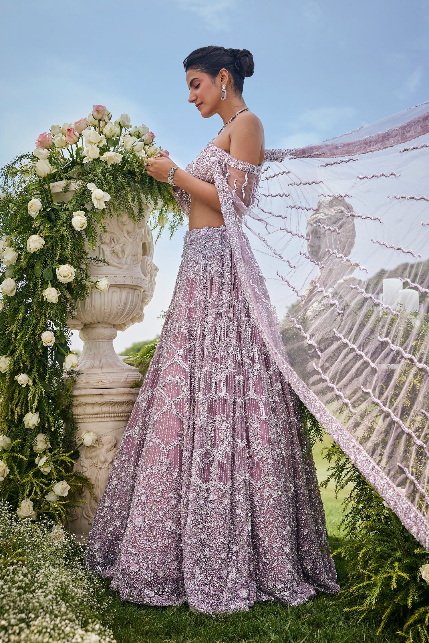 Dusty Pink Net Designer Sequin Beaded Lehenga with One Shoulder Blouse and Cape Dupatta